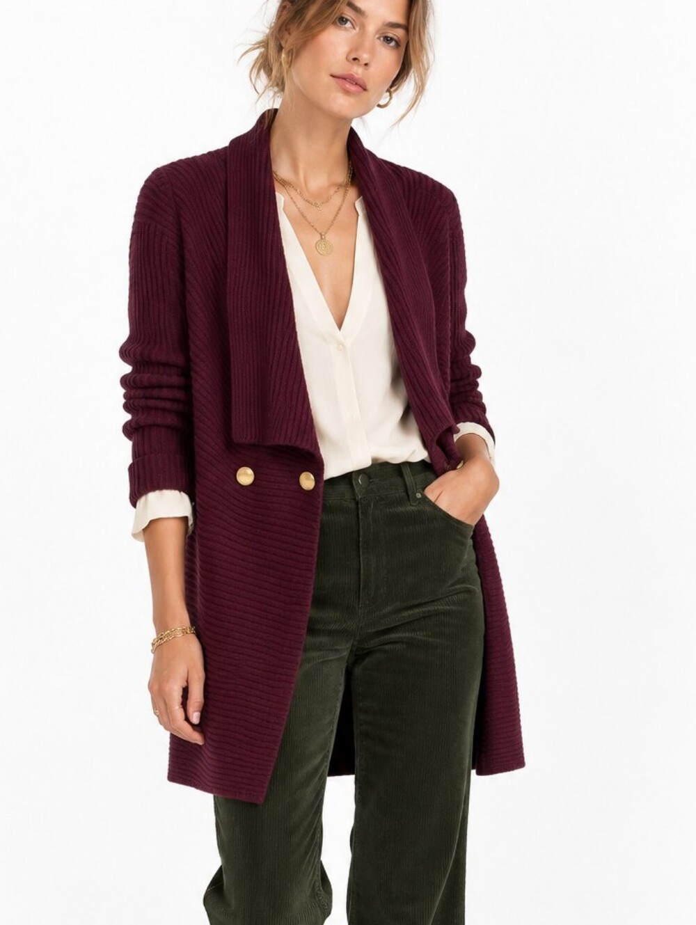 Cabi Long Cardigan Sweater Jacket 3350 Burgundy Heritage Style
